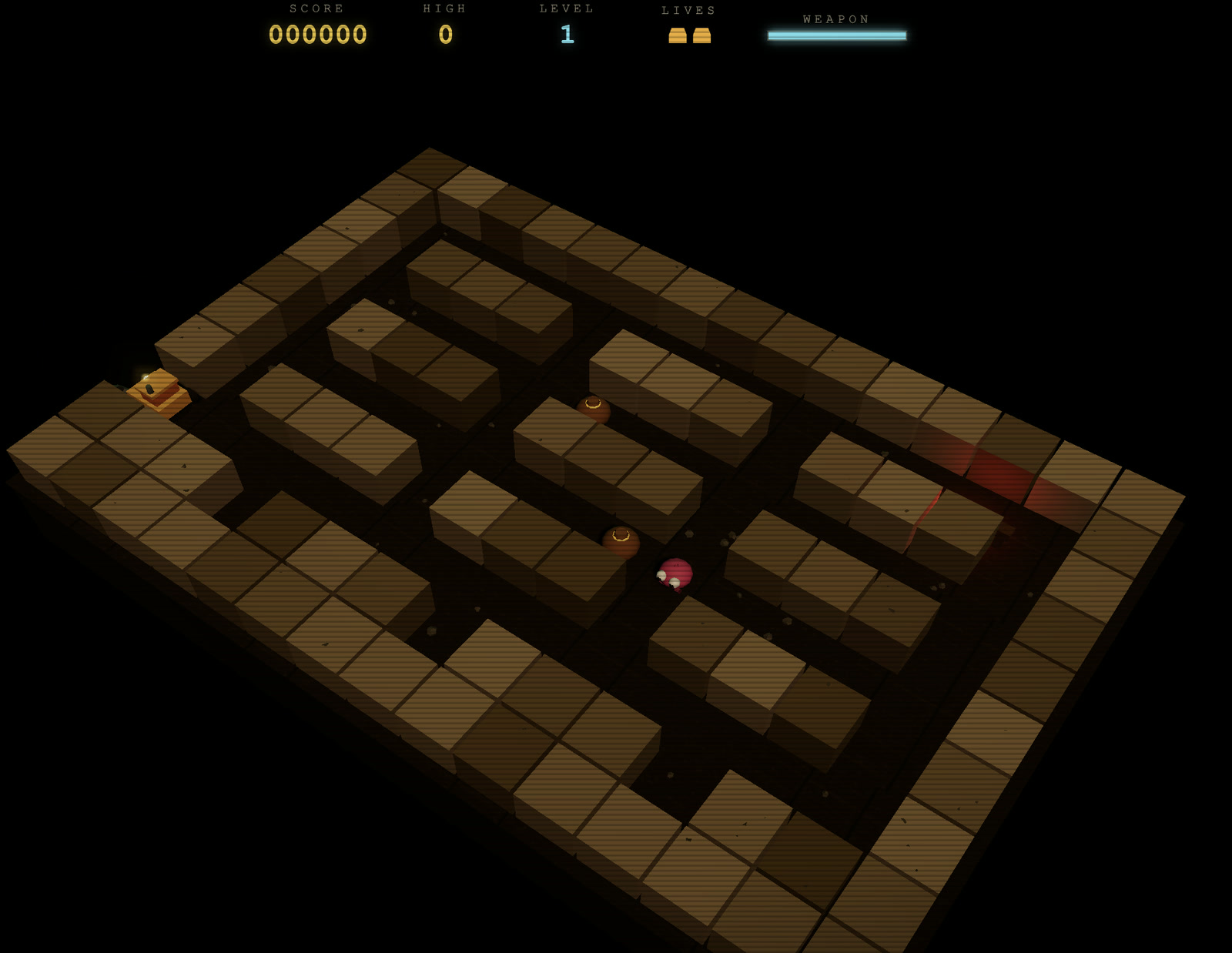 Digger 3D voxel maze with the player, enemies and level HUD visible