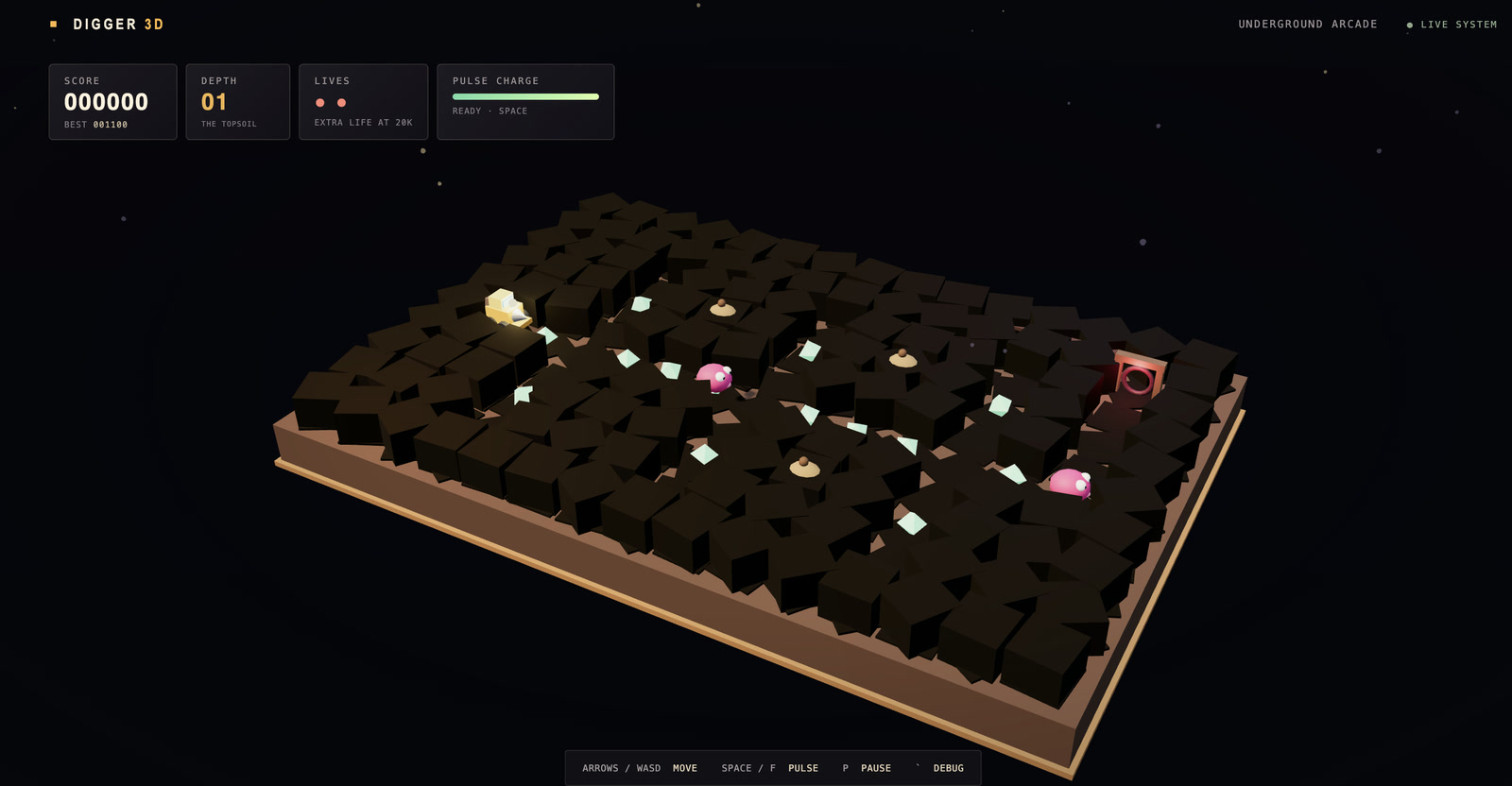 GPT-6 Luna Digger 3D gameplay showing the isometric grid and HUD