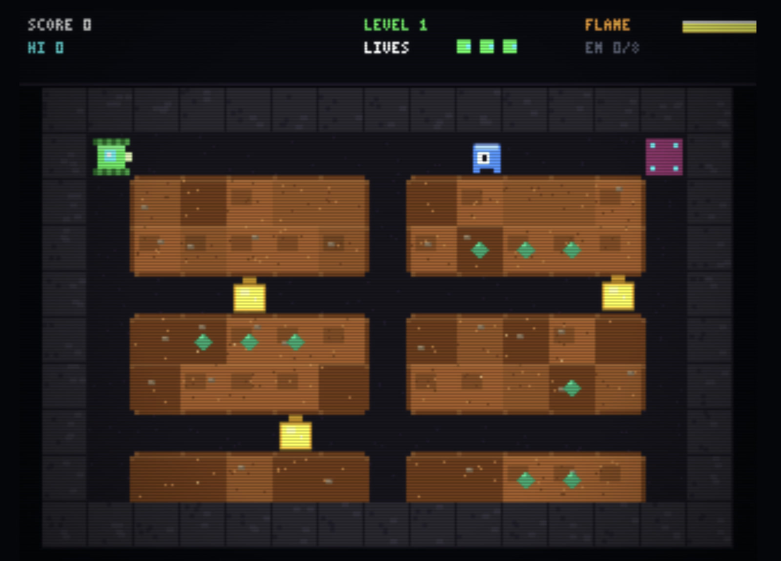Digger Arcade gameplay on level one, showing the player, enemies, gems and score HUD