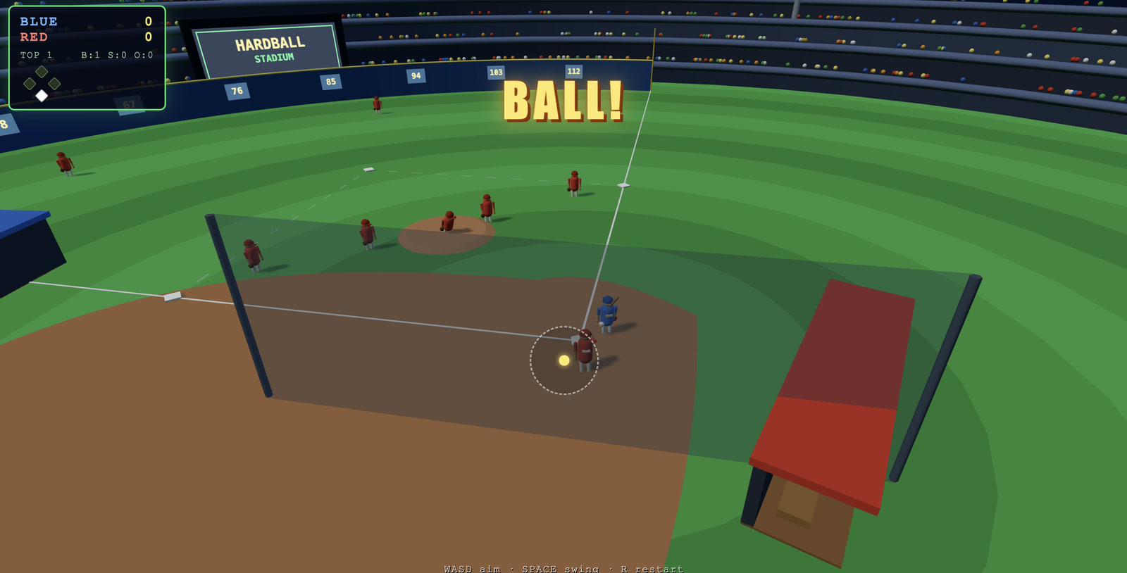 Hardball 3D gameplay at the top of inning one, showing the field, players, scoreboard and ball call