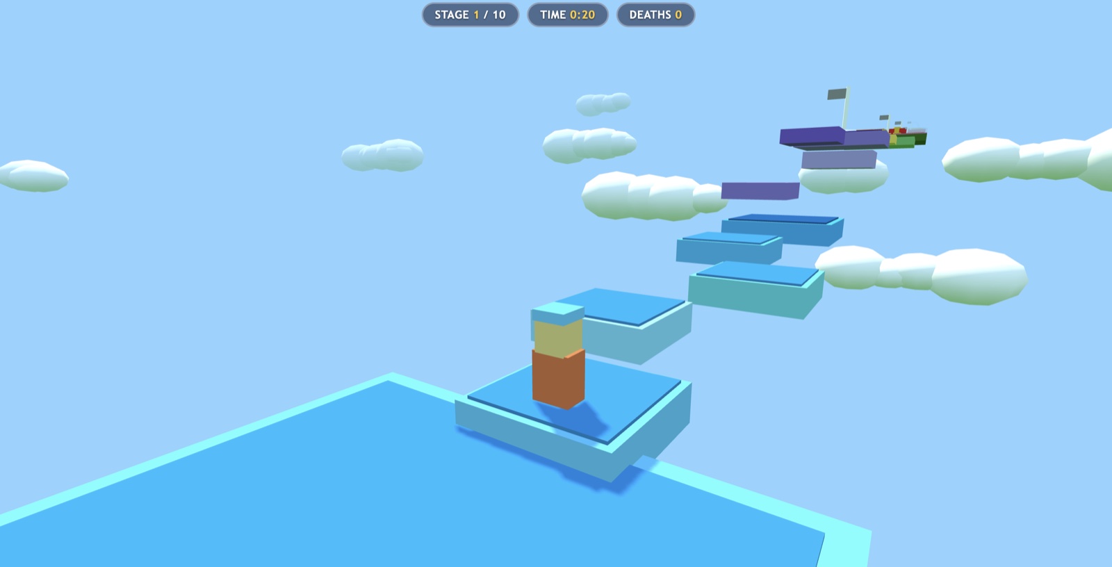 Obby 3D gameplay at stage one, showing the player, floating platforms and stage HUD
