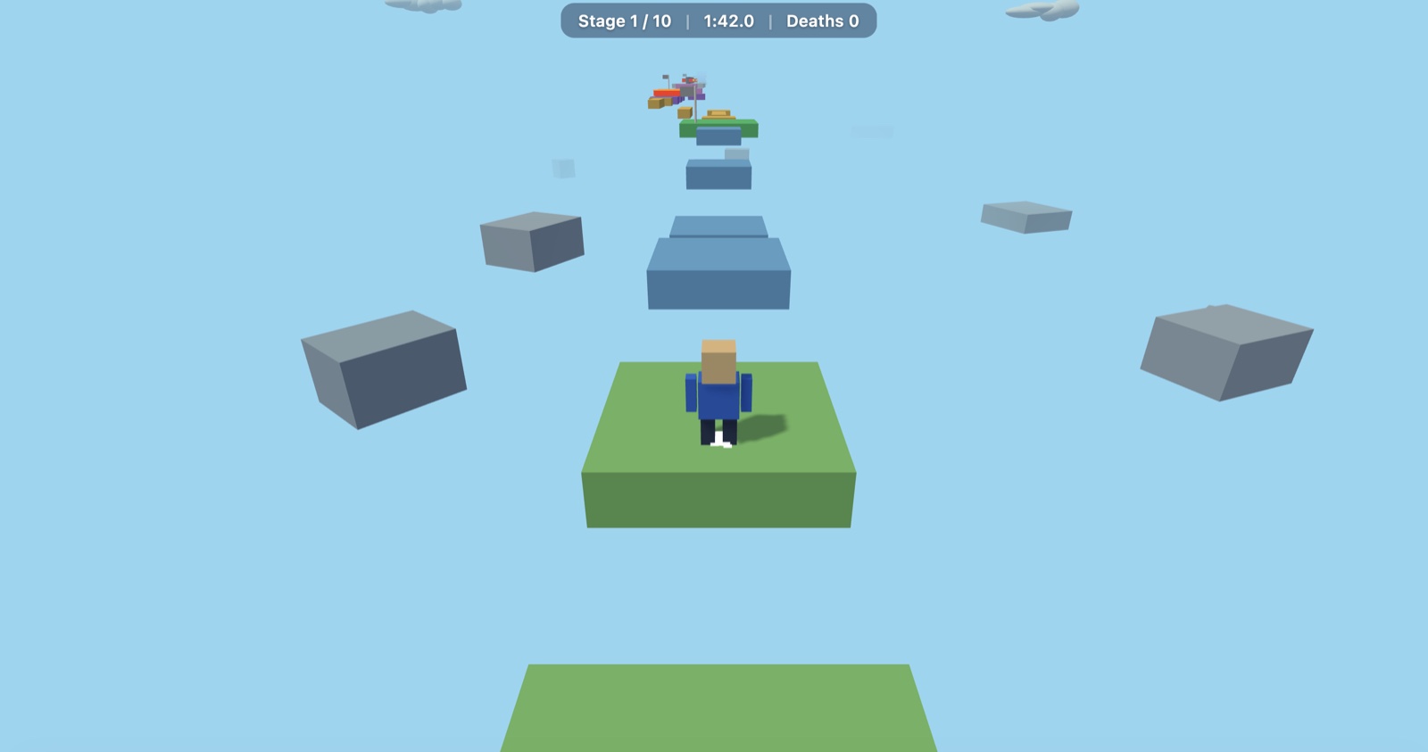 Obby 3D gameplay at stage one, showing the player, floating platforms and stage HUD