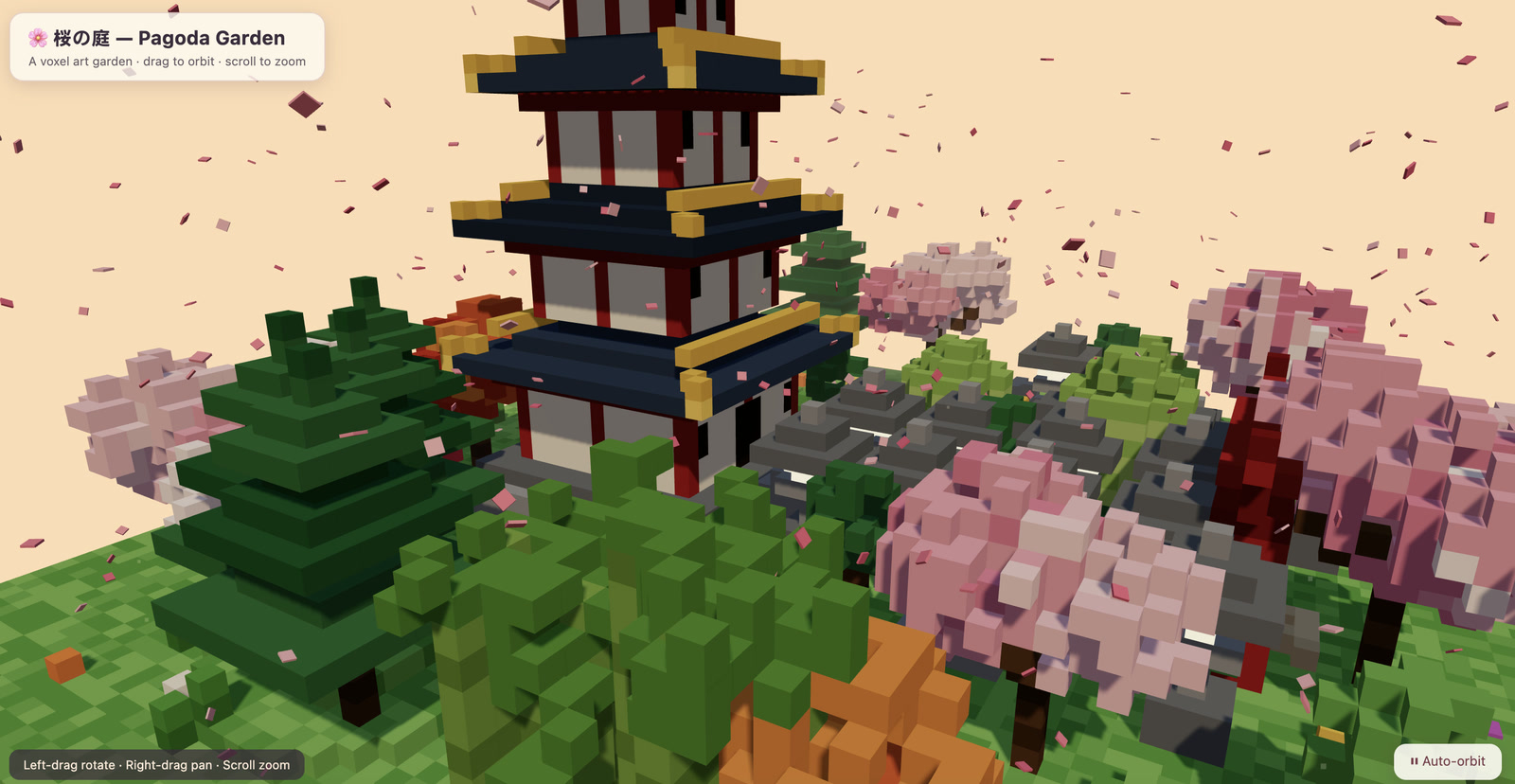 Voxel Pagoda Garden with the pagoda, cherry trees and orbit controls visible