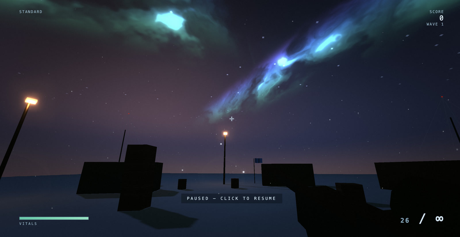 Whiteout Protocol TensorFold scene with the weapon, snowy arena and pause prompt visible