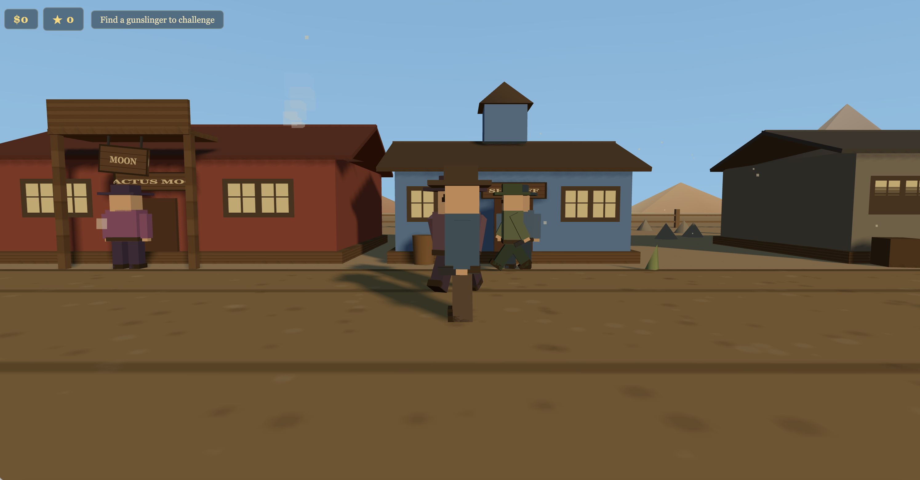 Wild West Showdown 3D gameplay in the town, with the player HUD and a gunslinger nearby
